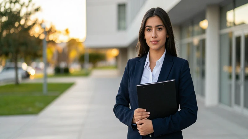 Profesional mexicana confiada en moderno campus