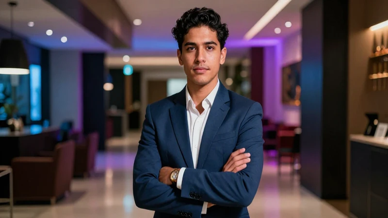 Profesional mexicano moderno en lobby cinemático