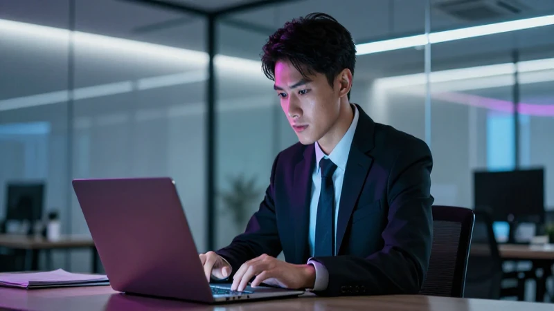 Joven profesional determinado mirando su pantalla