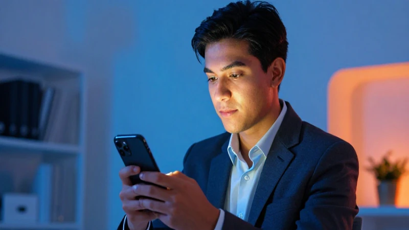 Joven mexicano con smartphone en oficina moderna