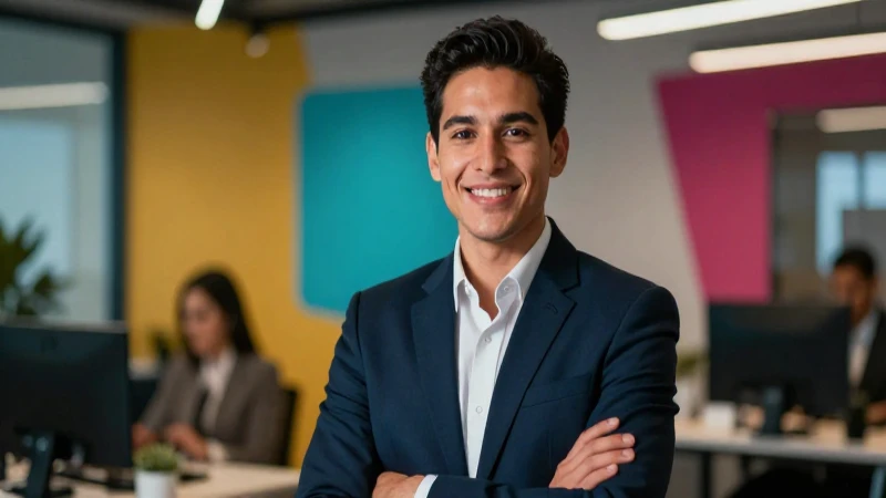Joven profesional mexicano en ambiente corporativo moderno