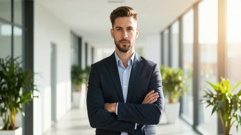 Joven profesional decidido en un pasillo corporativo moderno