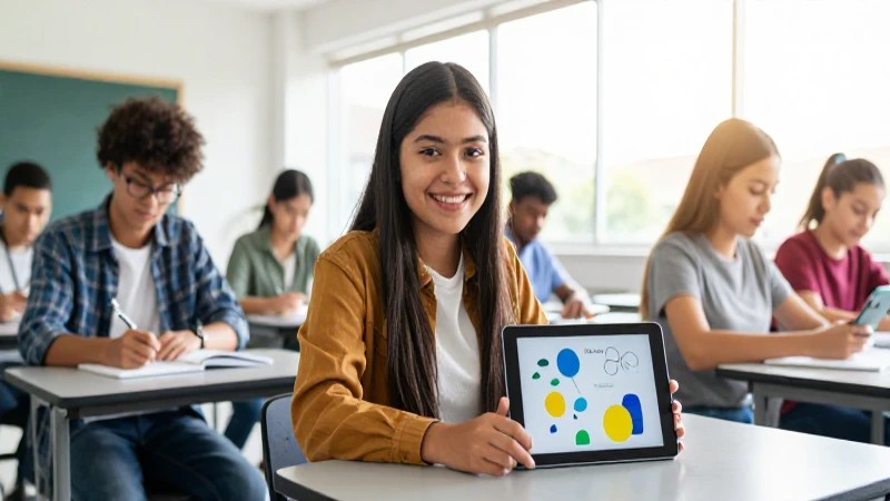 Estudiante mexicana sonríe con éxito y tecnología