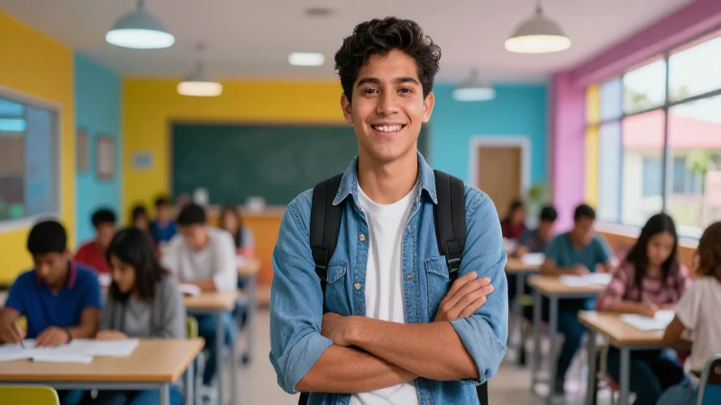 Estudiante mexicano confiado en campus moderno