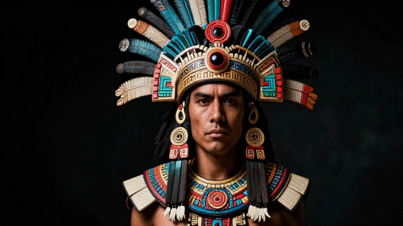 Retrato cinematográfico detallado de guerrero azteca