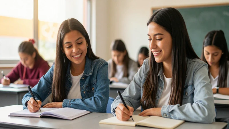 Dos mexicanas felices estudian en un aula moderna
