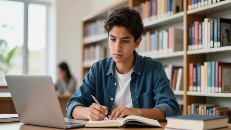 Estudiante mexicano determinado estudia en biblioteca moderna