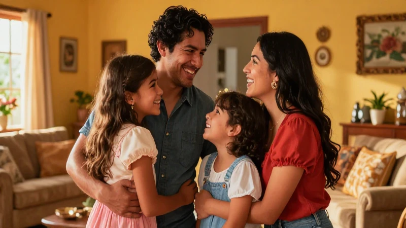 Familia mexicana sonríendo en ambiente acogedor y cálido
