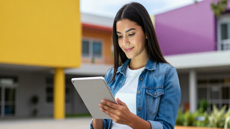 Estudiante mexicano moderno usa tablet brillante en campus