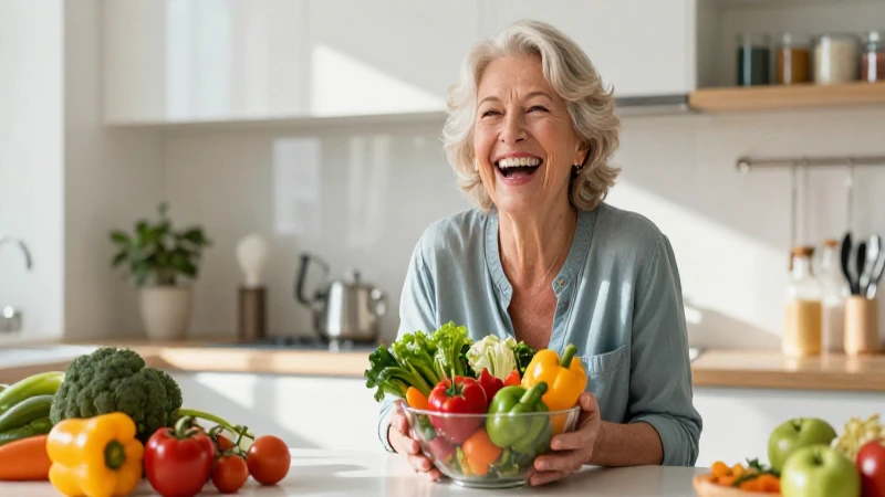 Abuela sonriente con vegetales frescos y vibrantes