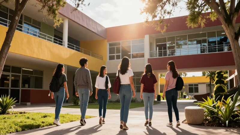 Estudiante mexicano en campus moderno y luminoso