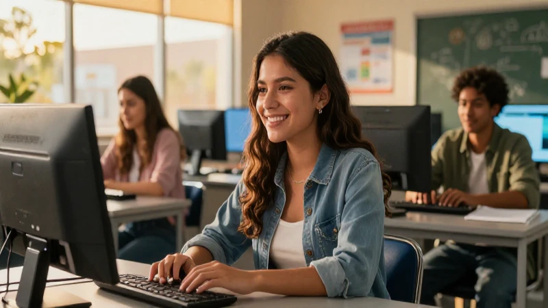 Estudiante mexicano sonriente en aula de alta tecnología
