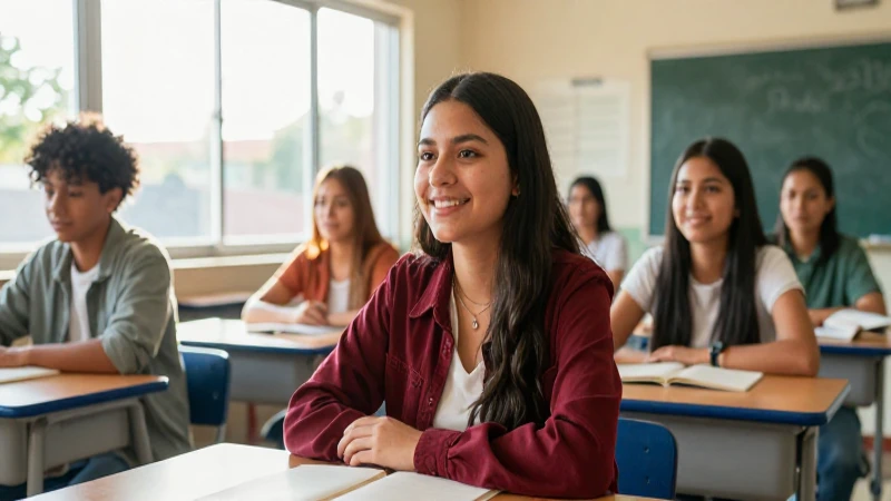 Estudiante mexicano sonríe en aula moderna