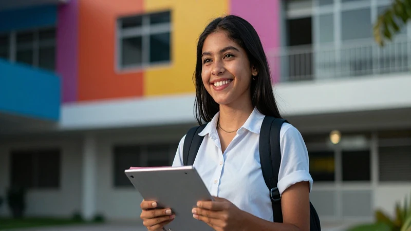 Estudiante mexicana feliz y moderna en campus vibrante