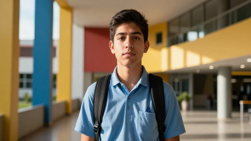 Estudiante mexicano ambicioso en campus moderno