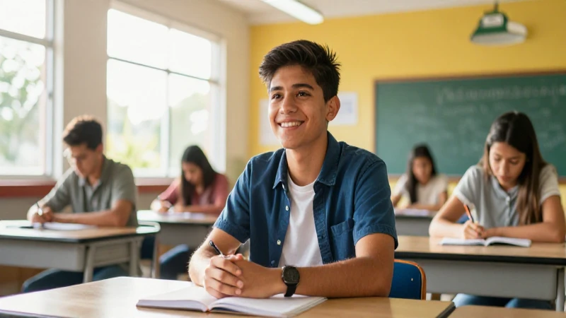 Estudiante mexicano sonriente en aula brillante