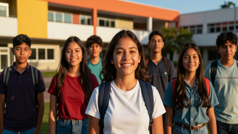 Jóvenes mexicanos optimistas en un campus vibrante al atardecer