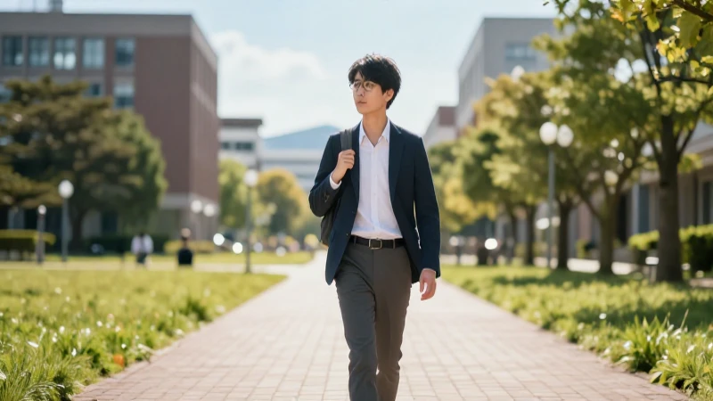 Joven académico en campus japonés brillante