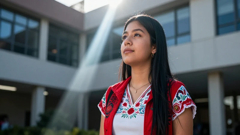Estudiante mexicano vibrante en campus moderno