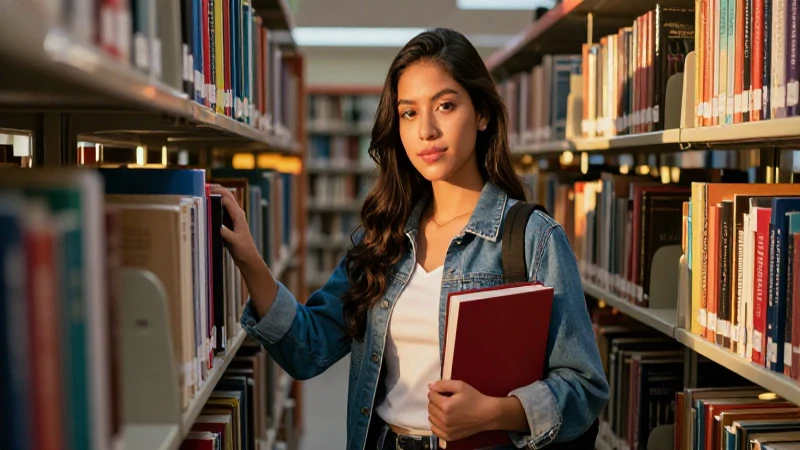 Estudiante mexicana moderna en biblioteca con luz dorada
