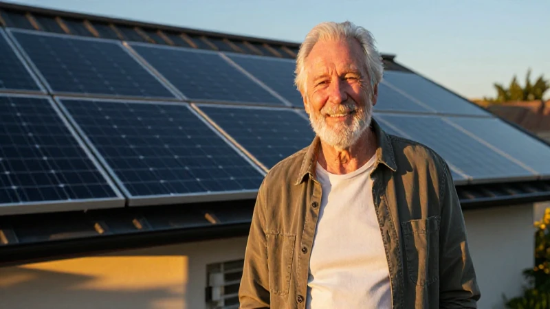 Hombre feliz con paneles solares al atardecer