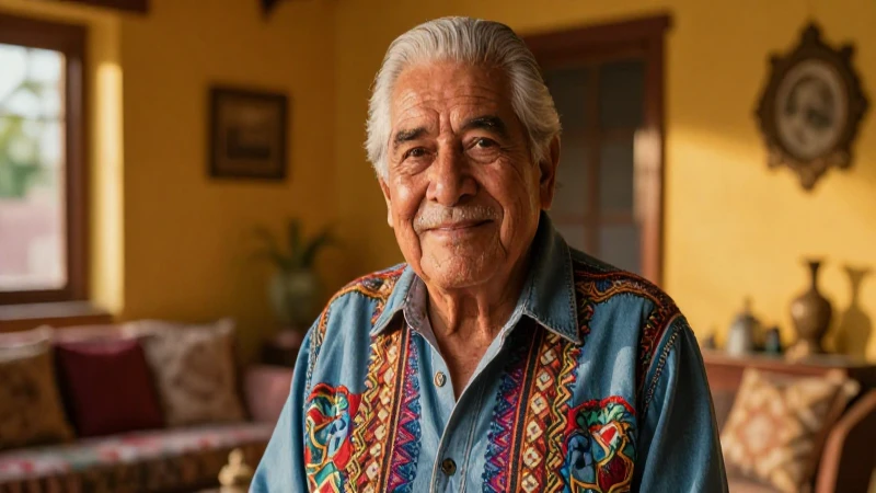 Abuelo mexicano sonriente en un acogedor salón iluminado
