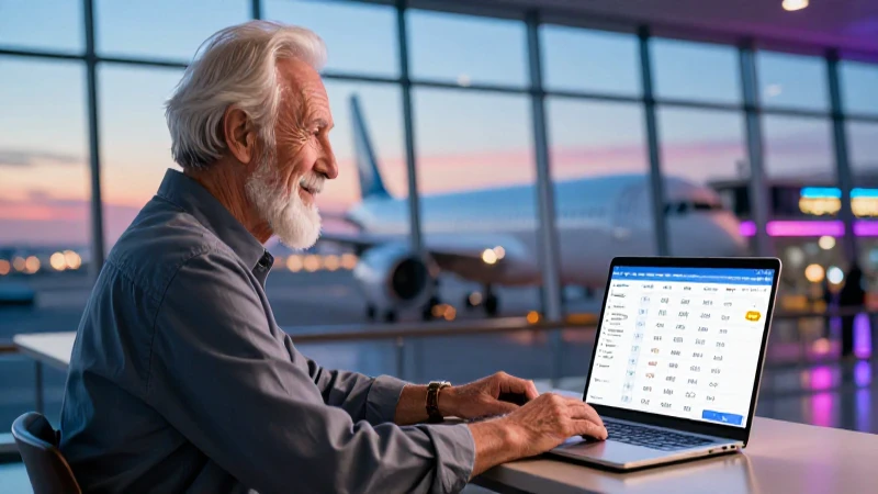 Viajero feliz revisando vuelos en el aeropuerto