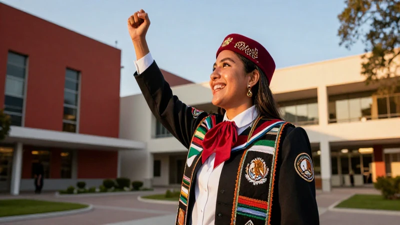 Estudiante mexicano victorioso en campus moderno