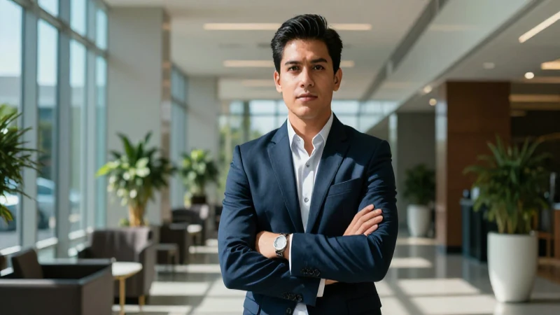 Joven profesional mexicano en lobby corporativo