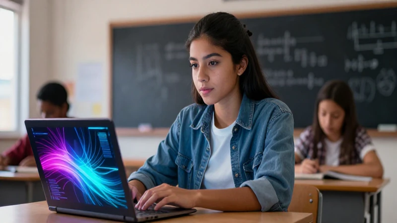 Estudiante mexicano con certificado digital en aula moderna