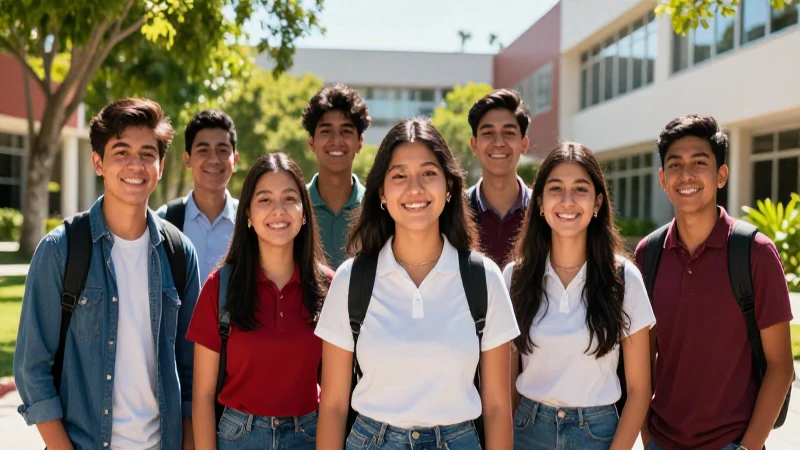 Estudiantes mexicanos felices en moderno campus escolar