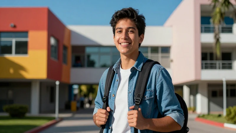 Estudiante mexicano exitoso en campus moderno
