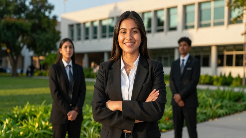 Estudiante mexicana sonriente en un campus vibrante al atardecer