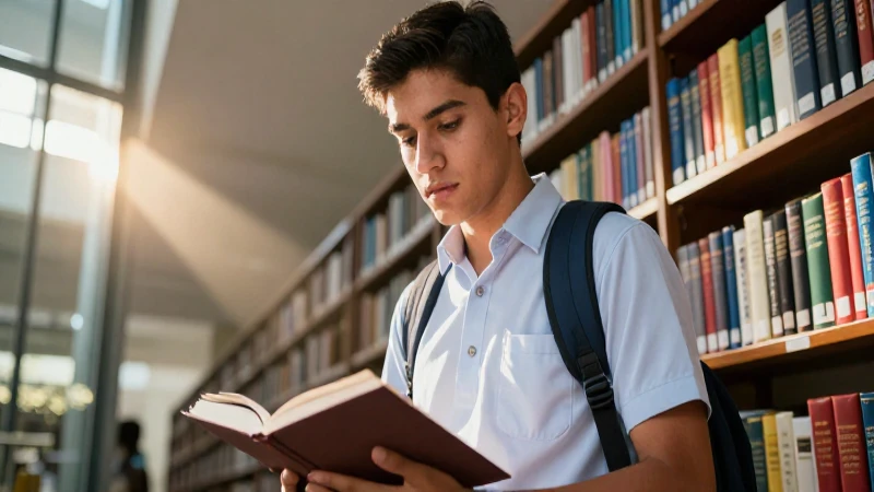 Retrato dinámico de estudiante mexicano en biblioteca