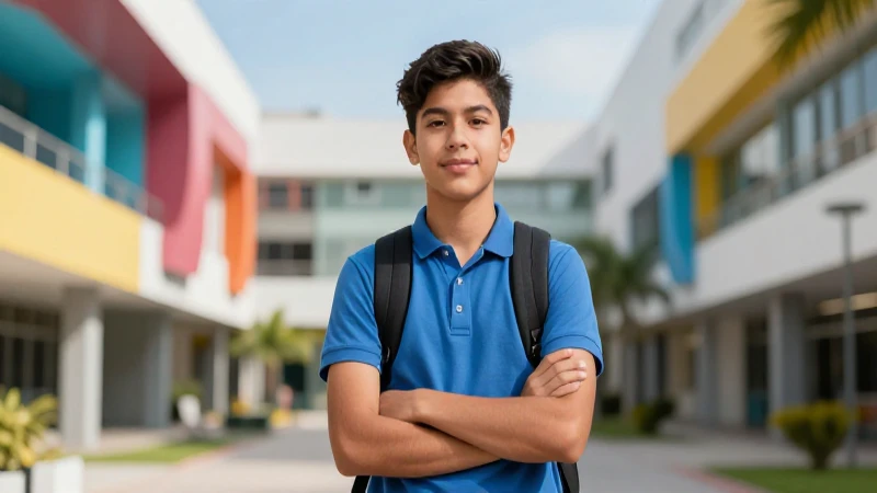 Estudiante mexicano en campus con estilo cinemático