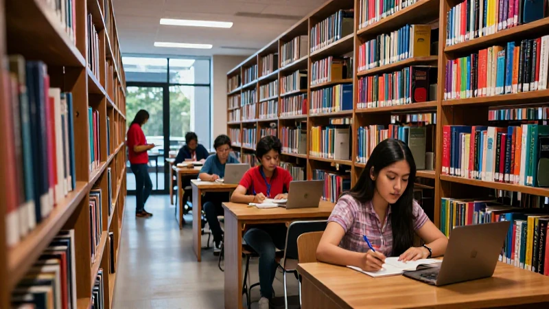 Estudiante mexicano en biblioteca moderna y vibrante