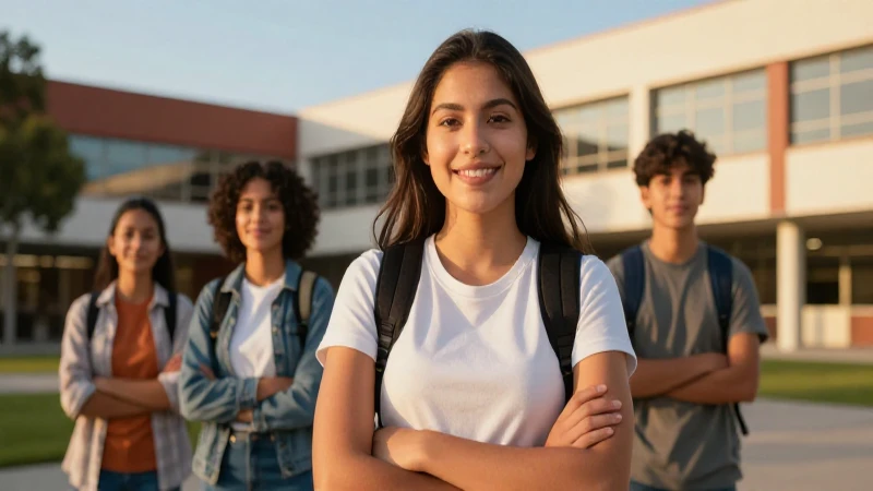 Estudiante mexicano brillante en campus moderno al atardecer