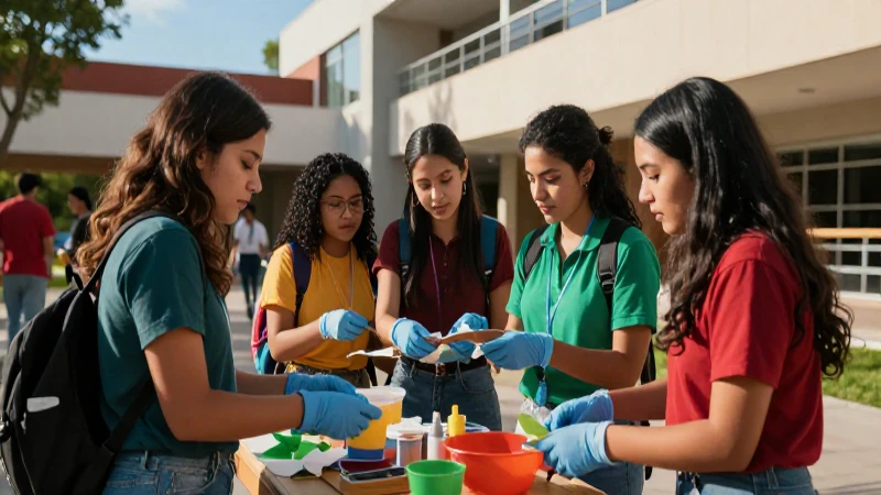 Estudiante ayuda en servicio comunitario en campus moderno