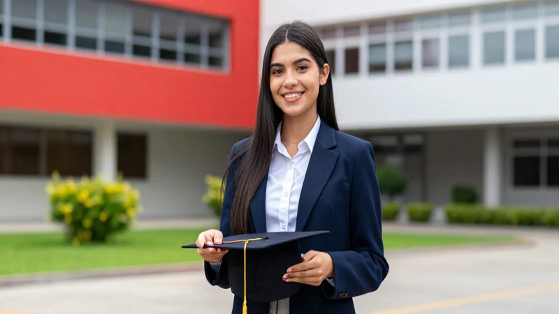 Joven estudiante sonríe con toga en campus
