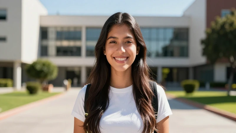 Joven estudiante mexicano con sonrisa en campus universitario moderno