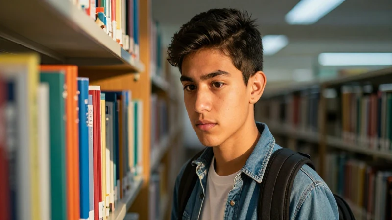 Estudiante mexicano en biblioteca con luz dorada