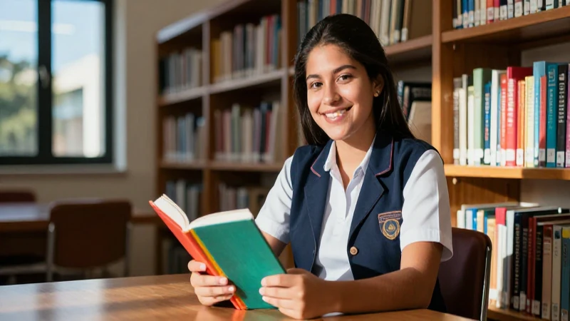 Estudiante mexicano sonriendo en biblioteca universitaria