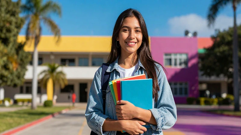 Estudiante mexicano con libros en campus vibrante