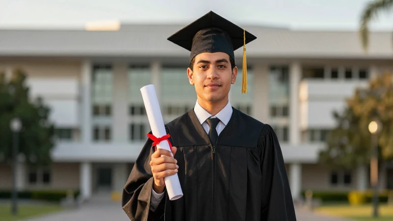 Joven mexicano egresado posando en campus universitario moderno