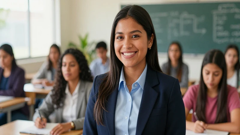 Joven estudiante mexicana sonriente en aula moderna