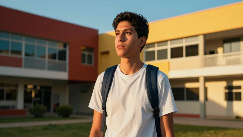 Estudiante mexicano aspiracional en campus moderno