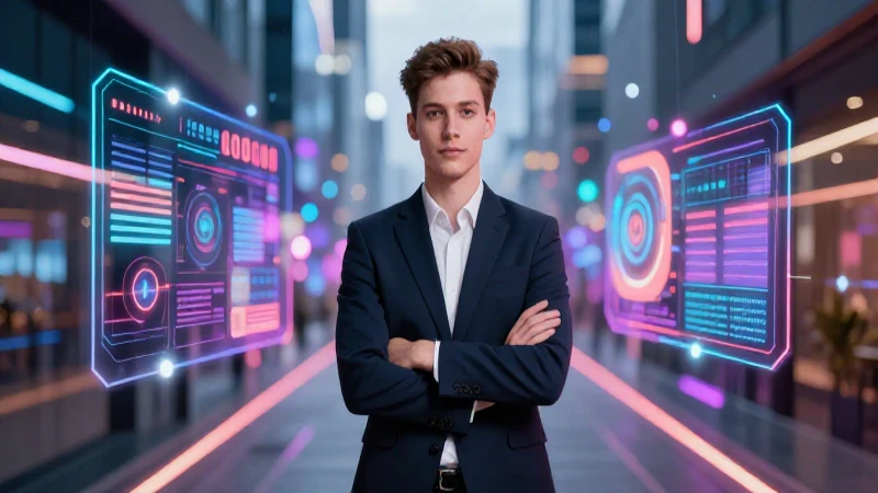 Joven profesional ambicioso en una oportunidad digital vibrante
