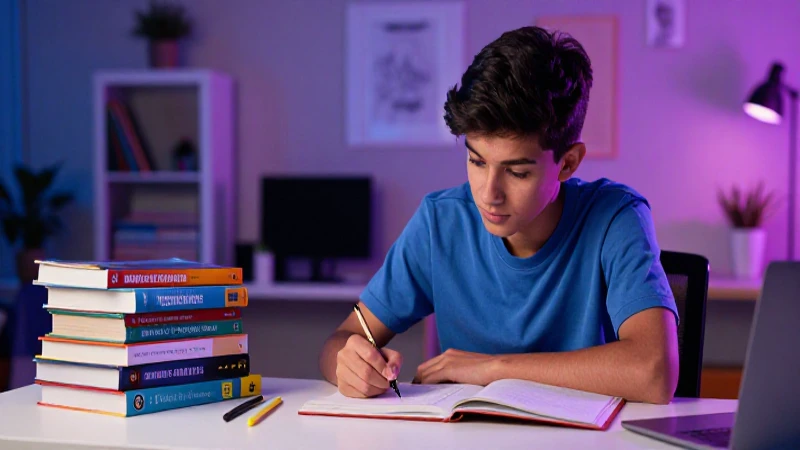 Estudiante mexicano estudiando con escritorio moderno y vibrante