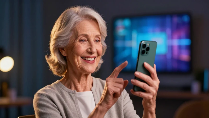 Mujer sonriente con smartphone bajo luz cinematográfica