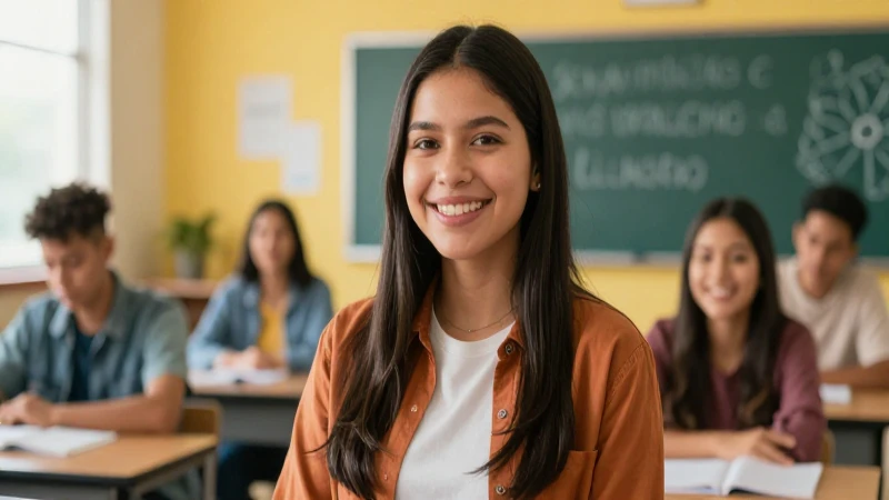 Estudiante mexicano feliz en un aula vibrante